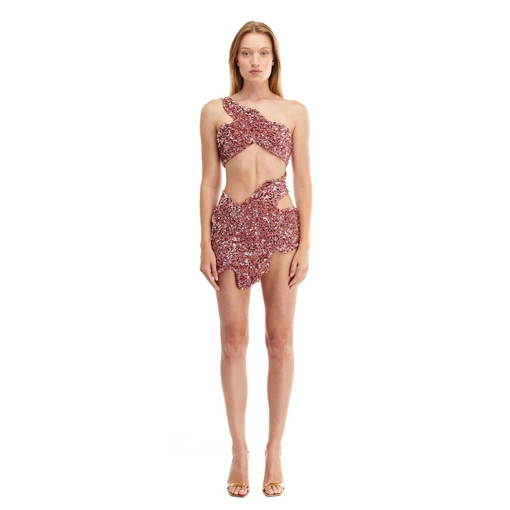 Mother of All Chiara Sequin Mini Dress Pink Size S NWT One Shoulder Cut Out